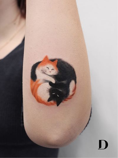 Beautiful tattoo by Deborah Genchi #DeborahGenchi #debartist #realism #realistic #illustrative #watercolor #color #yinyang #cats #petportrait #cute #kitty #cat #forearm #arm