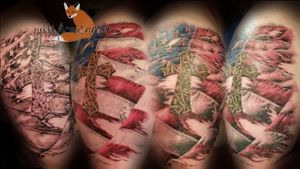 Pics are from 3 different sessions. Lost a lot of detail between healing, but I finished this one recently. Skin was very pissed by the end of the final session, so there's a lot of blood action... nikkifirestarter.com #flagtattoo #crosstattoo #tattoo #bodyart #bodymod #ink #art #nonbinaryartist #nonbinarytattooist #mnartist #mntattoo #visualart #tattooart #tattoodesign