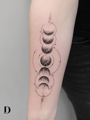 Beautiful tattoo by Deborah Genchi #DeborahGenchi #debartist #realism #realistic #illustrative #watercolor #blackandgrey #moonphase #moon #geometric #minimal #fineline #Linework #dotwork