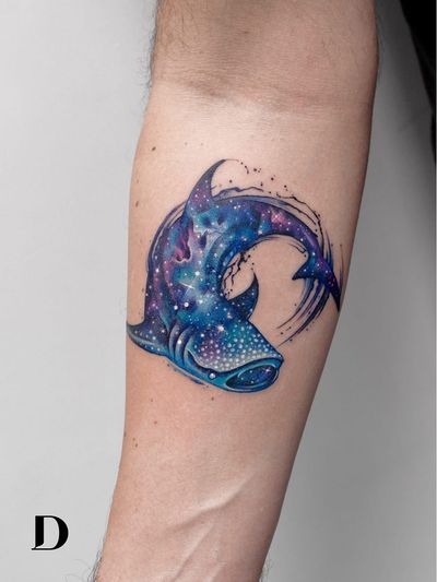 Beautiful tattoo by Deborah Genchi #DeborahGenchi #debartist #realism #realistic #illustrative #watercolor #color #shark #galaxy #stars #sparkle #cosmos #forearm #arm