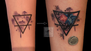Before and after! I’ll bring your old tattoos to life. #colortattoo #colortattoos #color #nightsky #nebula #space #outerspace #outerspacetattoo #nebulatattoo #smalltattoos #rework #coverup #coverups