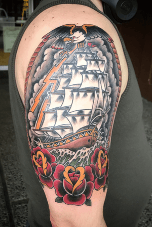 Stormy seas #traditional #traditionaltattoo #traditionalship #eagle #rose #stormyseas #boldwillhold 