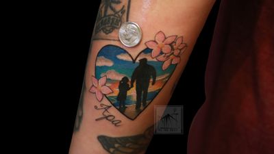 Father daughter tattoos! #fatherdaughter #color #colortattoos #colorwork #cherryblossom #sunrise #sunset #water #sky #beauty 