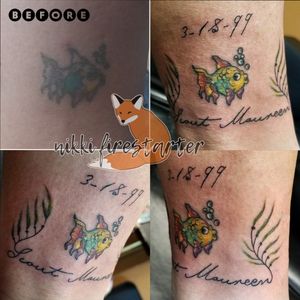 Got to bring an old fishie back to life with some fresh ink. I also added the name of the client's kid with some seaweed action! nikkifirestarter.com #rework #revamp #nametattoo #texttattoo #wordtattoo #fish #seaweed #fishtattoo #tattoo #bodyart #bodymod #ink #art #nonbinaryartist #nonbinarytattooist #mnartist #mntattoo #visualart #tattooart #tattoodesign