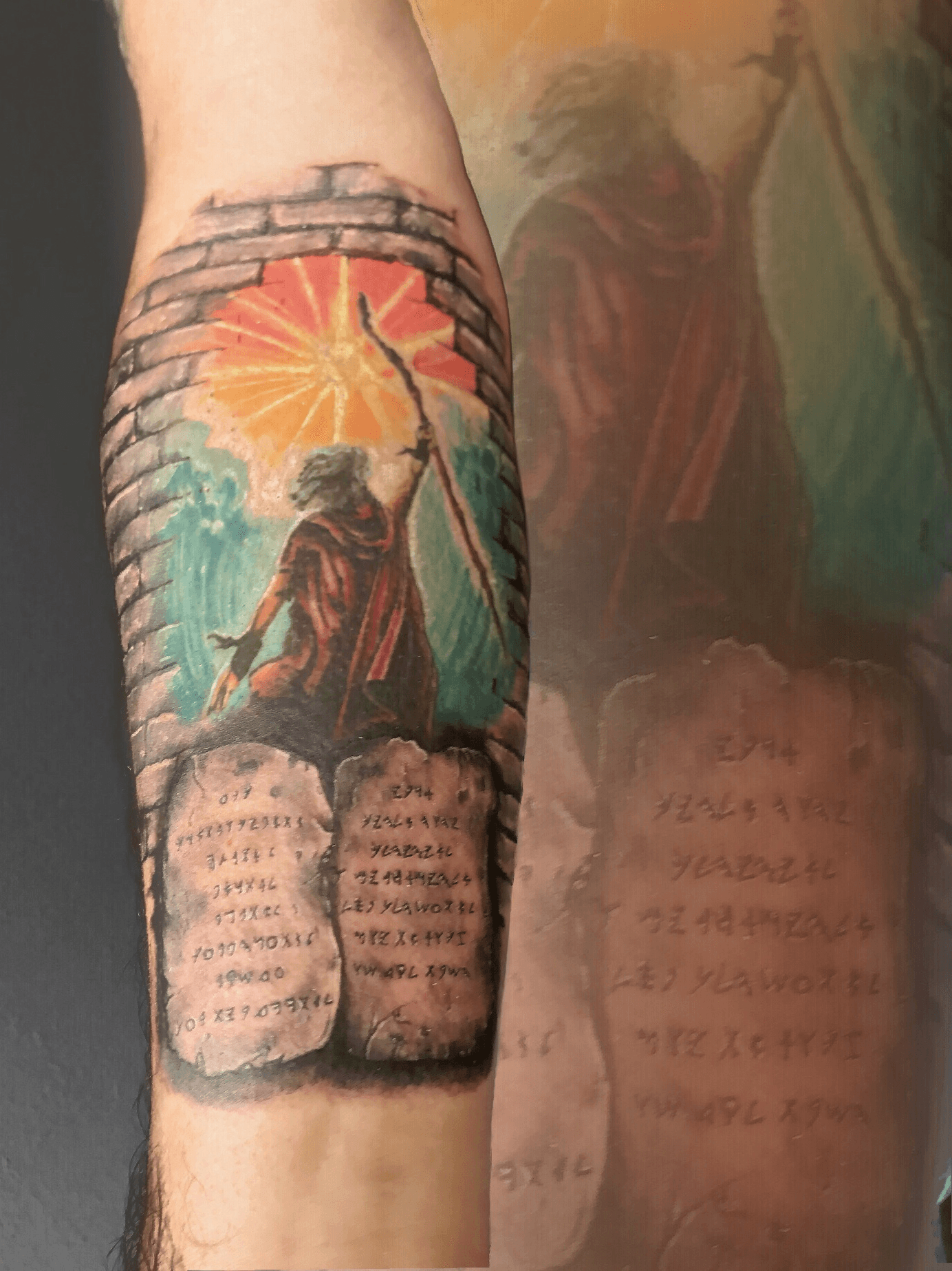 Moses and the Ten Commandments with an addition to the lace on the healed  Mary tattoo completing a full sleeve I will get pictures of the   Instagram