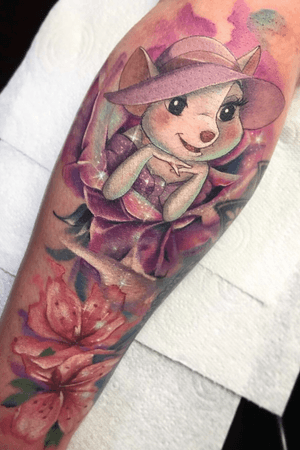 Bianca from The Rescuers, companied by some watercolour esc flowers by @sammysurjaytattoo 