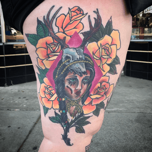 Healed and about 7years old #wendigo #nativeamerican #ladyheadtattoo #traditional #traditionalladyhead #traditionaltattoo #nativeamericanmythology #thightattoo 