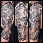 3/4 #sleevetattoo of a #neotraditional #liverbird and #pocketwatch with #japanesebackground