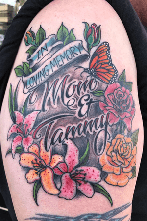 Memorial tattoo #flowertattoo #momtattoo #butterfly #colortattoo #brightandbold