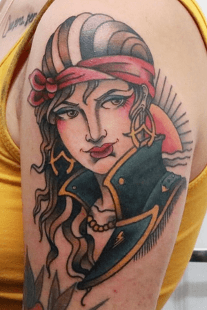 Traditional pirate lady head by @squiretattooer