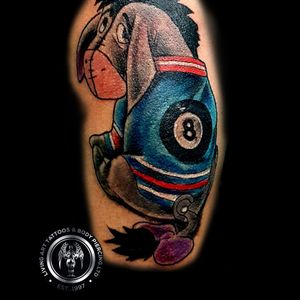 Eeyore with a twist as a memorial tattoo for I friend of my client that lost a dear friend that loved Eeyore, thank you for choosing me to do this tattoo for you
