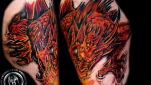 This is the fire dragon that I got to do on Sandy it's quite large about 45cm by 40cm on her thigh, done over a few sessions. I had wanted to do this dragon for 15 years and to see him on the skin was an amazing experience.  Thank you and I will always be grateful and honored that you carry my art.