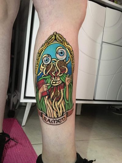 Pastafarism tattoo, flying spaghetti monster #newtattoo #color #pasta #monster #6hours  