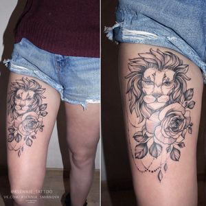 #tattoo #liontattoo #rosetattoo #flowertattoo #floraltattoo #graphictattoo #dotwork #whipshading #ksennie_tattoo 