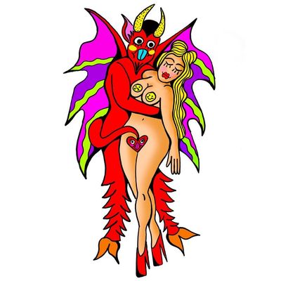 Psychedelic tattoo flash by Who aka whotattooedyou #who #whotattooedyou #color #traditional #newschool #mashup #psychedelic #surreal #surrealism #cute #fun #happy #illustrative #devil #lady #pinup