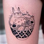 Ramen noodles tattoo by Oozy #Oozy #ramentattoos #ramennoodles #noodletattoo #foodtattoo #ramen #Japanese #illustrative #totoro #studioghibli #forestspirit #pattern #upperleg #leg #egg