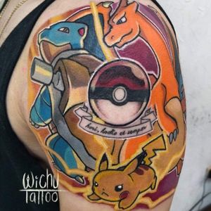 Full color Diseño de Pokémon, Charizard, Pikachu, Blastoise, pokeball.Neotradicional, anime, videojuegos.Solicita tu cotización