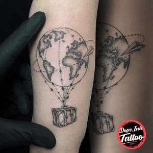 #tattoo #dotwork #tattooart #tattooartist #linetattoo #hotairballoontattoo #hotairballoon #dynamic #globe #world #worldmap 