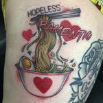 Ramen noodles tattoo by Lucy Blue #LucyBlue #ramentattoos #ramennoodles #noodletattoo #foodtattoo #ramen #Japanese #neotraditional #lettering #chopsticks #egg #heart #color #upperleg #leg