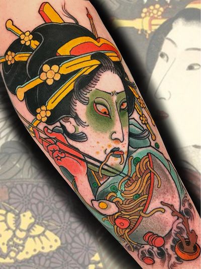 Ramen noodles tattoo by Stu Pagdin #StuPagdin #ramentattoos #ramennoodles #noodletattoo #foodtattoo #ramen #Japanese #egg #chopsticks #geisha #color #forearm #arm