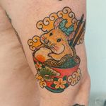 Ramen noodles tattoo by Wendy Pham #WendyPham #ramentattoos #ramennoodles #noodletattoo #foodtattoo #ramen #Japanese #upperarm #arm #hamster #egg #clouds #chopsticks #flower #floral
