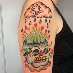 Psychedelic tattoo by Who aka whotattooedyou #who #whotattooedyou #color #traditional #newschool #mashup #psychedelic #surreal #surrealism #cute #fun #happy #illustrative #skull #cloud #rain #flowers #upperarm #arm