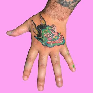Psychedelic tattoo by Who aka whotattooedyou #who #whotattooedyou #color #traditional #newschool #mashup #psychedelic #surreal #surrealism #cute #fun #happy #illustrative #hannya #handtattoo #yokai