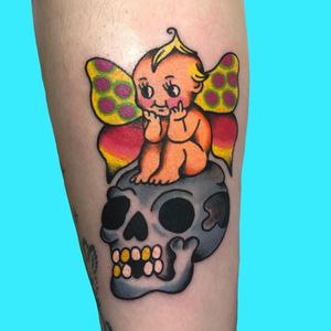 Psychedelic tattoo by Who aka whotattooedyou #who #whotattooedyou #color #traditional #newschool #mashup #psychedelic #surreal #surrealism #cute #fun #happy #illustrative #lowerleg #leg #butterfly #skull #kewpie