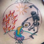 Psychedelic tattoo by Who aka whotattooedyou #who #whotattooedyou #color #traditional #newschool #mashup #psychedelic #surreal #surrealism #cute #fun #happy #illustrative #fire #vase #star #skeleton #stomach