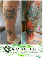 My client already had several small tattoos on her calf, they were all very sentimental and important to her. So we created a concept to put it's tattoo in value while refreshing them a bit.