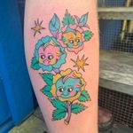 Psychedelic tattoo by Who aka whotattooedyou #who #whotattooedyou #color #traditional #newschool #mashup #psychedelic #surreal #surrealism #cute #fun #happy #illustrative #kewpie #flower #rose #stars #lowerleg #leg