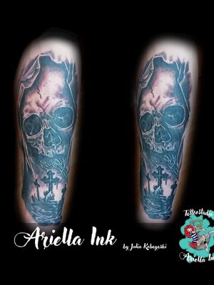 Customers request/sleeve in progress, design wans't done by me #tattoo #tattoos #freshink #freshlyinked #blackandgreytattoo #blackandgrey #realistic #realistictattoo #skull #skulltattoo #deathtattoo #graveyardtattoo #darkart #horror
