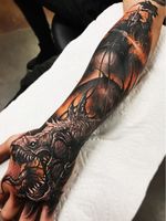 Dark art tattoo by Brandon Herrera #BrandonHerrera #darkarttattoos #darkart #dark #evil #demon #death #spirit #ghost #evil #monster #creature #handtattoo #arm
