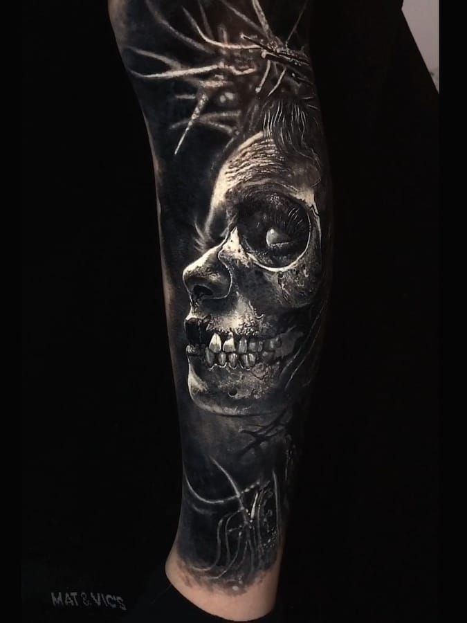 Tattoo uploaded by Tattoodo • Dark art tattoo by Eliot Kohek #EliotKohek  #darkarttattoos #darkart #dark #evil #demon #death #spirit #ghost #evil  #blackandgrey #realism #realistic #zombie #skull #lowerleg #leg • Tattoodo