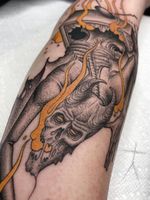 Dark art tattoo by Christopher Jade #ChristopherJade #darkarttattoos #darkart #dark #evil #demon #death #spirit #ghost #evil #tv #television #illustrative #dotwork #forearm #arm