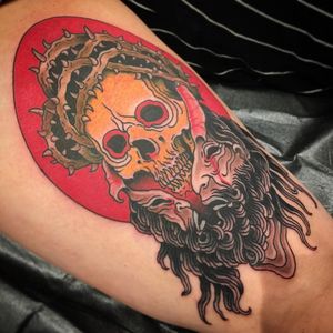 Dark art tattoo by Derek Noble #DerekNoble #darkarttattoos #darkart #dark #evil #demon #death #spirit #ghost #evil #skull #jesus #blood #crownofthorns #upperleg #leg #color