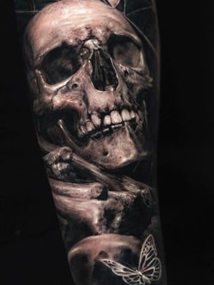 Dark art tattoo by Yomico #Yomico #darkarttattoos #darkart #dark #evil #demon #death #spirit #ghost #evil #blackandgrey #skull #butterfly #realism #realistic #bones