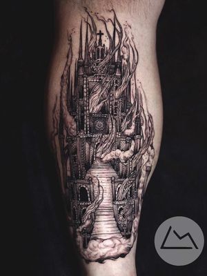 Dark art tattoo by Landon Morgan #LandonMorgan #darkarttattoos #darkart #dark #evil #demon #death #spirit #ghost #evil #lowerleg #leg #illustrative #castle #cathedral #architecture #burningchurch