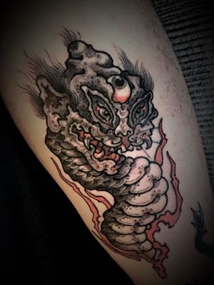 Dark art tattoo by Ganji #Ganji #BangGanji #darkarttattoos #darkart #dark #evil #demon #death #spirit #ghost #evil #illustrative #yokai #fire #lowerleg #leg #monster