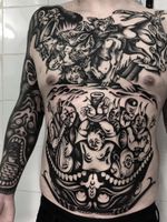 Dark art tattoo by Ruco #Ruco #darkarttattoos #darkart #dark #evil #demon #death #spirit #ghost #evil #blackwork #monsters #music #stomach #chest #bodysuit