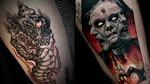 Dark art tattoo on the left by Ganji and dark art tattoo on the right by Clod the Ripper #ClodtheRipper #Ganji #BangGanji #darkarttattoos #darkart #dark #evil #demon #death #spirit #ghost #evil