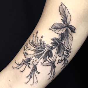 Honeysuckles on bicep. Recreate and compose to better suit the body contour.