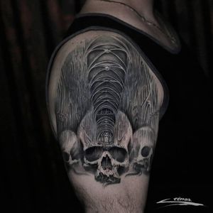 Dark art tattoo by Stefano Alcantara #StefanoAlcantara #darkarttattoos #darkart #dark #evil #demon #death #spirit #ghost #evil #blackandgrey #illustrative #realism #skull #cathedral #architecture #upperarm