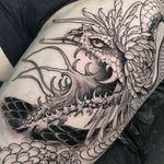 Dark art tattoo by Joao Bosco #JoaoBosco #darkarttattoos #darkart #dark #evil #demon #death #spirit #ghost #evil #upperleg #leg #snake #monster #flower #floral #chrysanthemum #illustrative