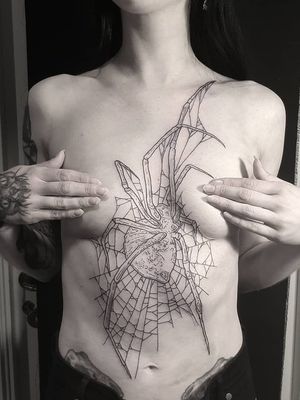 Dark art tattoo by Josef Batar #JosefBatar #darkarttattoos #darkart #dark #evil #demon #death #spirit #ghost #evil #illustrative #spiderweb #spider #stomach #chest #wip
