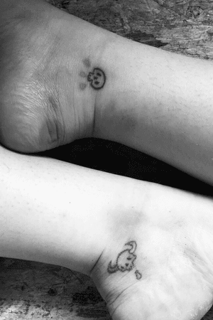 I don’t know if these count, but two stick n’ pokes I got done from a friend on my ankle area. I adore them. The drops under the skull with no horns faded a week after having them done but the skulls are still going strong. 