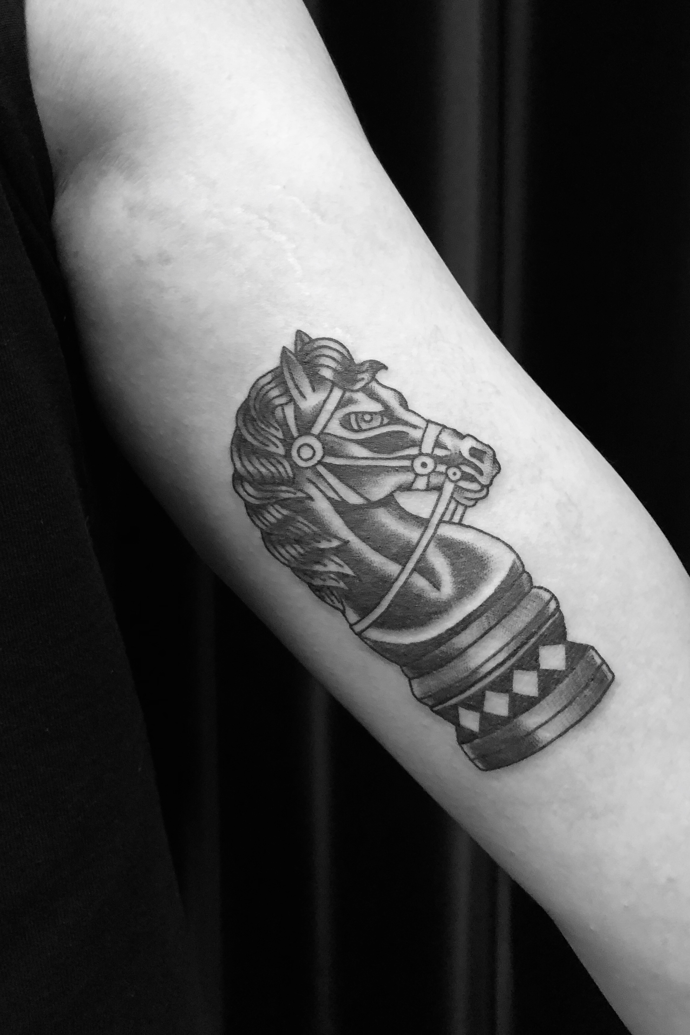 Arm Old School Chess Horse Tattoo by XK Tattoo