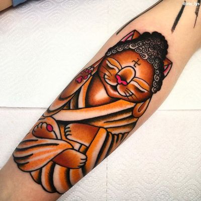 Cat tattoo by Iris Lys #IrisLys #Cattooer #cattattoos #cat #kitty #animal #petportrait #bff #color #traditional #om #buddha #leg