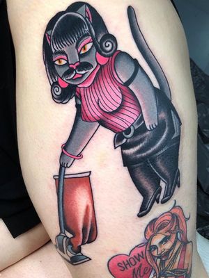 Cat tattoo by Iris Lys #IrisLys #Cattooer #cattattoos #cat #kitty #animal #petportrait #bff #color #traditional #freddymercury #queen #music #leg