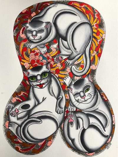 Cat tattoo flash by Iris Lys #IrisLys #Cattooer #cattattoos #cat #kitty #animal #petportrait #bff #color #traditional